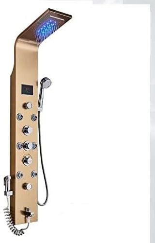 LED Luxus Duschpaneel elegant aus rostfreiem Edelstahl mit Bidet Funktion, Wanneneinlauf, Temperaturanzeige und 2 Massagefunktionen Farbe: Golden