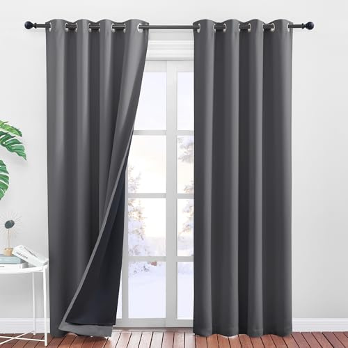 PONY DANCE Dicke Vorhänge Kälteschutz Thermogardinen Verdunkelungsvorhang | 2er Set H 245 x B 140 cm, Grau, Blickdicht, Doppellagig, Schwer, mit Ösen, für Schlafzimmer, Wohnzimmer, Kinderzimmer