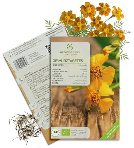 BIO Gewürztagetes Samen - Tagetes Saatgut aus biologischem Anbau - Vielseitige Heilpflanze mit essbaren Blüten & ideal für eine bunte Blumenwiese (100 Korn)