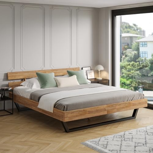 skølm Alver Massivholzbett Eiche 180x200cm, Holzbett mit Bettkopf, in Natur | Bettgestell stabil aus Massivholz, Holzbett mit schwarzen Metallkufen,hochwertiges Bett, Bettrahmen geeignet als Doppelbett