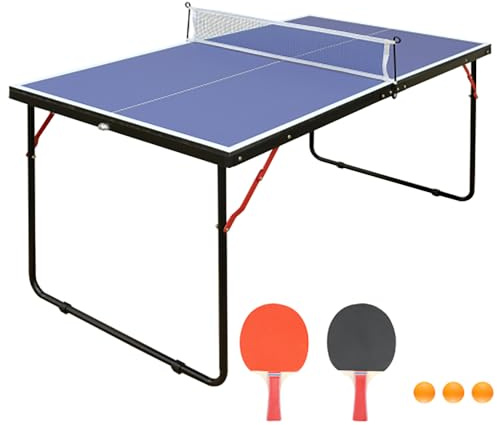 GYMFLEX Tischtennisplatte 137x76cm Tischtennistisch Faltbar & Tragbar Mini Ping Pong Tisch Set für Indoor & Outdoor Spiele mit Netz, 2 Tischtennisschläger & 3 Bälle mit Blaue Tischplatte