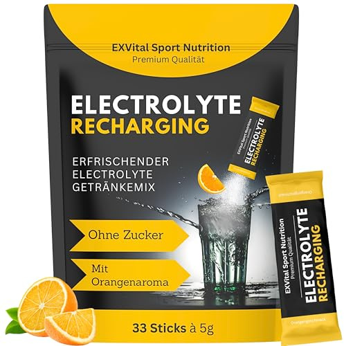 EXVital Sport Nutrition Elektrolyte, 1x33 Pulversticks, 1531mg Elektrolyte pro Stick, Elektrolyt Pulver KALORIENARM & ZUCKERFREI, isotonischer Getränkemix mit Orangengeschmack