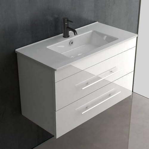 Alpenberger Waschbecken mit Unterschrank 80 cm Breit Hängend | Badmöbel Set Badezimmermöbel Waschtisch Weiß | Waschbeckenunterschrank mit Schubladen