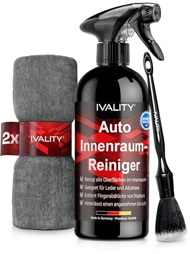 Ivality® Premium Auto Innenraum Reiniger Set 500ml - Cockpitpflege für die Innen Reinigung von Kunststoff, Polster, Leder & Armaturen - Auto Pflege Innenraumreiniger mit Pinsel - Cockpit Reiniger