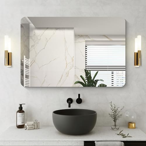 NIMURY Rechteckig Wandspiegel, 90x60 cm Rahmenlos Badezimmerspiegel mit Abgerundeten Ecken,Spiegel Rechteckig für Badezimmer, Schlafzimmer, Wohnzimmer, Hängt Horizontal oder Vertikal