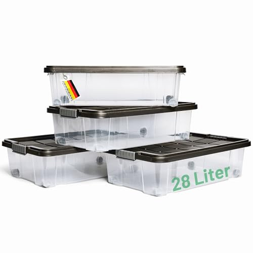 Novaliv 4x Unterbettkommode mit Rollen 28L Aufbewahrungsbox Deckel Anthrazit Nestbar stapelbare mit Clipverschluss Rollkiste BPA-frei 61x40x17 cm