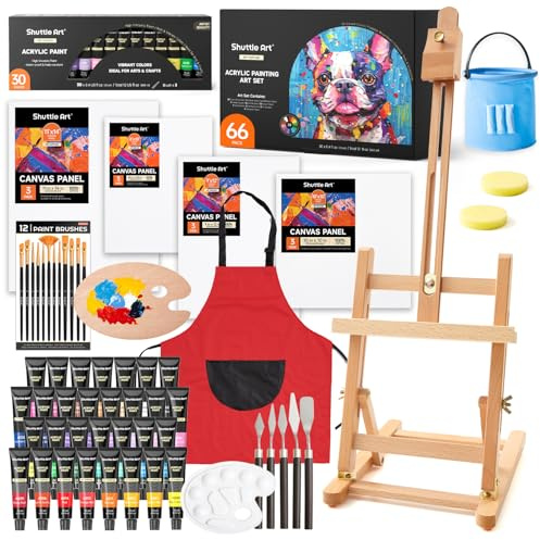 Shuttle Art 66 teilige Acrylfarben Set, Malset mit Tischstaffelei, Leinwand | 30 Acrylfarbenset, Pinselset, Palette, Schwamm, Malkoffer mit Zubehör, Malset für Kinder und Erwachsene mit Staffelei holz