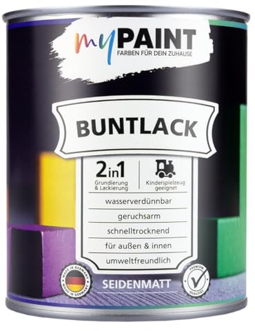 myPaint 2in1 Buntlack Seidenmatt (750ml Lichtblau/Blau RAL 5012) – Wetterfeste Holzfarbe Holzlack Küchenmöbellack. Schnelltrocknend, Für Innen Außen