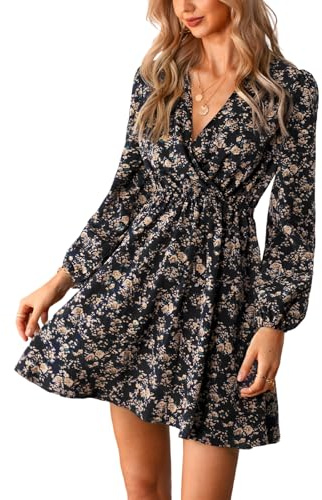 CUPSHE Damen Minikleid Blumenmuster Wickeloptik V-Ausschnitt Langarm | lange Ballonärmel, elastischer Bund, schwingende A-Linie, Verdeckter Druckknopf, für Herbst Alltag Date Party