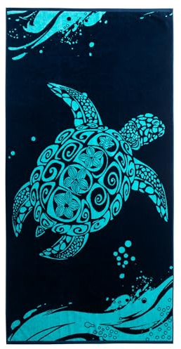 RESTILO Strandtuch groß 90x180 cm Strandlaken 100% Baumwolle Frottee Velours Badetuch Pflegeleicht weich und saugfähig Schnelltrocknendes Strand Handtuch blau dunkelblau Marineblau weiß Turtle