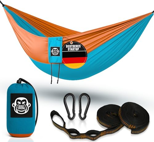 Monkey Swing Hängematte Ultraleicht inkl. Karabiner & Schwerlastgurten (bis 300  kg belastbar, 275 x 140 cm) – ideal für Camping, Outdoor, Trekking & als Reisehängematte (Türkis/Orange)