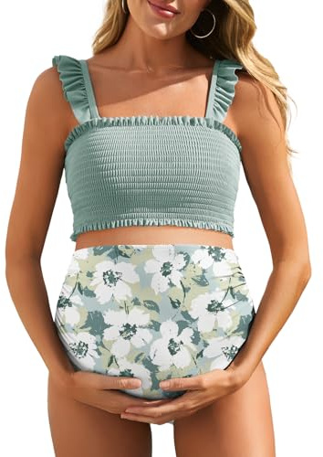 Summer Mae Damen Bikini Bikini-Set | Schwangerschafts-Badeanzug, gerafftes Bandeau-Top, Rüschensaum, abnehmbare Pads, hochdehnbar, niedlich, floral