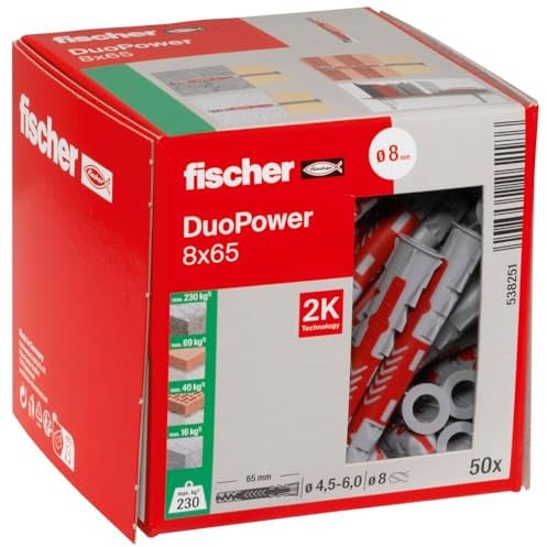 fischer DuoPower 8 x 65, Universaldübel, leistungsstarker 2-Komponenten-Dübel, Kunststoffdübel zur Befestigung in Beton, Ziegeln, Stein, Gipsbauplatten uvm., ohne Schrauben, 50 Stück