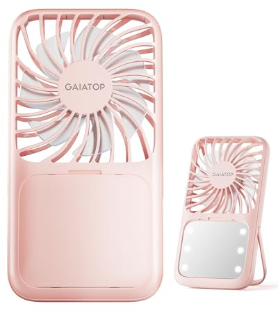 Gaiatop tragbare Handventilator, zusammenklappbarer Computerständer, LED-Make-up-Spiegel mit 3 Geschwindigkeiten und Licht, wiederaufladbare Mini-Fans