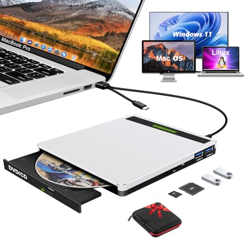 SOMDARHK Externes DVD Laufwerk für Laptop mit Tragbar Tasche, Aluminium | USB 3.0 Type-C CD Laufwerk Extern mit SD/TF/2 USB Ports für PC Windows, Slim Externe DVD Brenner Player für Mac Apple, Silber