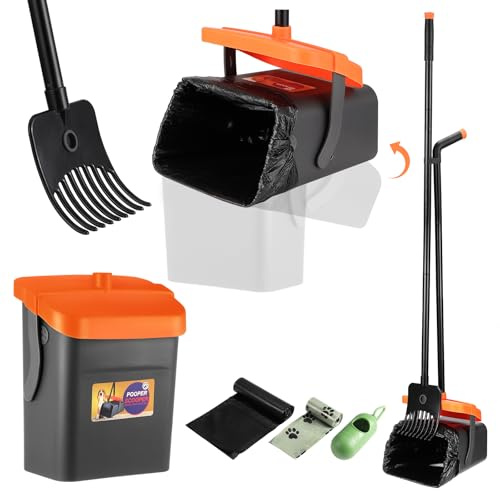 Faankiton Hundekotschaufel Schwenkbehälter Rechen Spaten, Drehbarem Hundekotsammler Hundekotpicker, Kotschaufel und Rechen-Set 46 Länge Griff Hundekotschaufel und Harke mit 35 Abfallbeuteln (Orange)