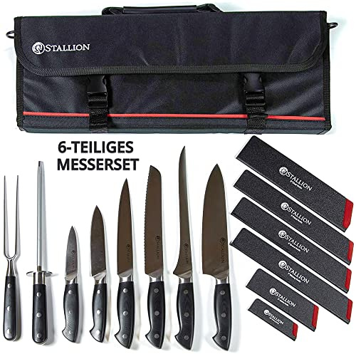 Stallion Professional Koch Messerset mit Tasche - 6 tlg. Profi Messerset mit Messertasche für Köche - Aus deutschem 1.4116 Messerstahl - Profi Kochmesser Set Tasche inkl. Wetzstahl und Fleischgabel