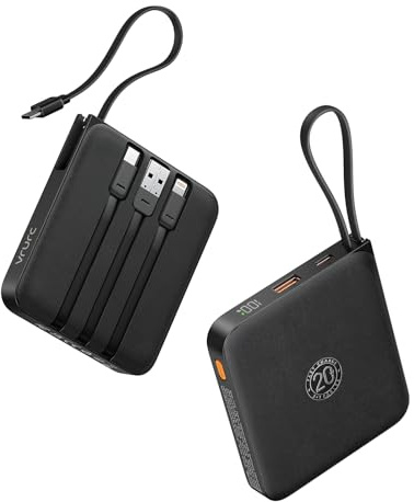 VRURC Power Bank mit Kabel 10000mAh Klein USB C Powerbank Schnelles Aufladen 22.5W Mini Tragbares Ladegerät Externer Akku Klein Aber Stark akkupack LED-Anzeige Kompatibel mit iPhone Huawei (schwarz)