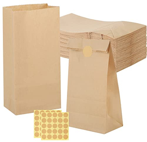 50 Stück Papiertüten Klein mit Aufkleber, 9x18x5.5cm Geschenktüten Braun Kraftpapiertüten für Geburtstag Kommunion Konfirmation Hochzeit Candy bar