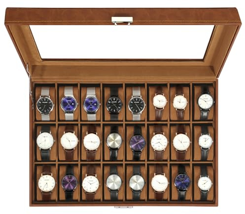 Uten Uhrenbox mit 24 Fächern, Uhrenbox mit Schlüsselschloss, Glasabdeckung, Uhrendisplay Aufbewahrungsbox für Damen und Herren, Braunes PU, Braunes Samtfutter, Geschenkidee