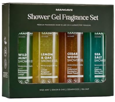 ManCave Duschgel Set Herren 4x500ml - Geschenkset Männer mit Wild Mint, Lemon Oak, Zedernholz & Meersalz - Sulfatfrei, Vegan - XXL Körperpflege Geschenk Männer