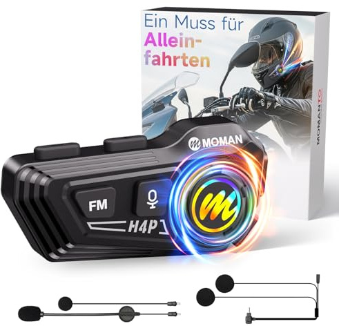 Moman RS-H4P Motorrad Helm Headset 1000mAh mit RGB-Tasten für Solo-Fahrten | Helm-Kopfhörer mit Doppelter Geräuschunterdrückung, Mikrofon, FM, IPX6, Musiksteuerung, HiFi Stereo, AI-Sprachsteuerung