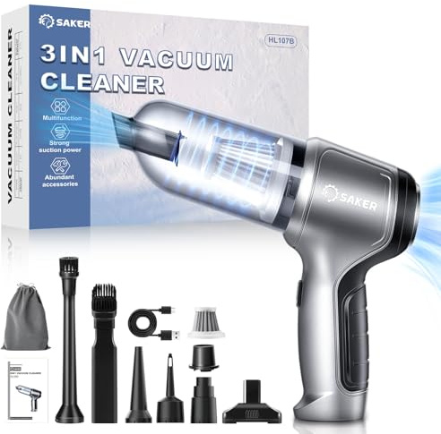 Saker Handstaubsauger Akku Kabellos, 3-in-1 Mini Staubsauger mit Blas und Vakuumfunktion, 15000Pa Starker Autostaubsauger, Handsauger für Auto, Zuhause und Tierhaare