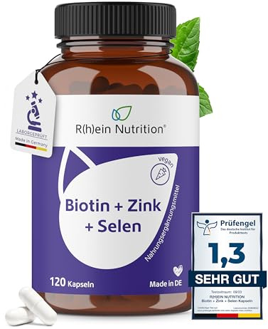Rhein Nutrition Biotin Hochdosiert 10.000 µg + Zink + Selen | Haut Haare Nägel Kapseln | Haar Vitamine als Biotin Komplex mit Natriumselenit | 120 Kapseln für 4 Monate Vorrat | Vegan Made in Germany