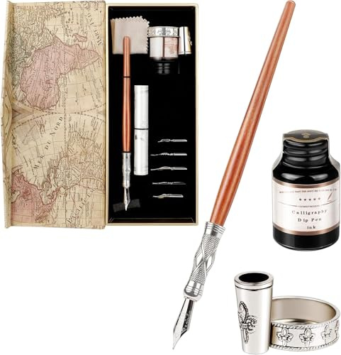 GC QUILL Kalligraphie Set mit Schreibfeder & 5 Federn – Federhalter, Tintenfass Schwarz, Schreibfeder zum Schreiben – Kalligraphie Federstift Set für Anfänger & Profis GC-LL802