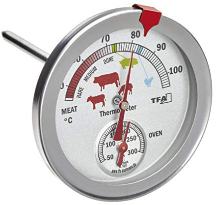 TFA Dostmann Analoges Braten-/ Ofenthermometer 14.1027, aus Edelstahl, hitzebeständig, mit verschiedenen Garstufen, zur Kerntemperaturmessung, Silber, Ø 74 x H 115 mm