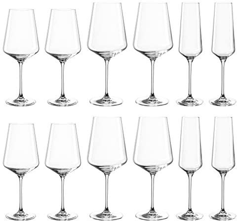 Leonardo Puccini Glas 12er Set, Weißwein-, Rotwein- und Sekt-Gläser, spülmaschinenfeste Kelch-Gläser, Sekt- und Weingläser-Set, 069525