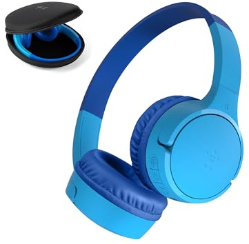 Belkin SoundForm Mini kabelloser Kinderkopfhörer mit integriertem Mikrofon und lustigen Aufklebern, 30 Std. Wiedergabe – Over-Ear-Kopfhörer für Unterricht, Ferien, iPhone, iPad, Galaxy – Blau