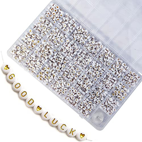 GxAdwzy Buchstabenperlen Zum Auffädeln Buchstaben A-Z Gold Rund 7x4mm 1400 Stück und Herz perlen für Armbänder Schmuck Basteln