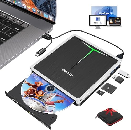 NOLYTH Externes Blu ray Laufwerk: USB-C Bluray Brenner Extern mit SD/TF Slot/USB Ports/Tasche Tragbar Externe Blu-ray Laufwerke CD DVD BD Blue Ray Player für Laptop PC Mac MacBook Windows 11