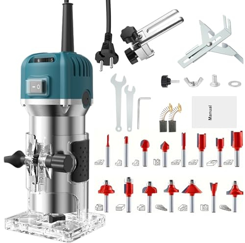 Candeon Holzfräse Oberfräse,800W 28000rpm Einhandfräse Kantenfräse Oberfräse Trimmer,6 Geschwindigkeit Electric Holz Fräse Tragbarer Handfräse Handpalmenfräser mit 15 Stück Fräser Für Holzbearbeitung