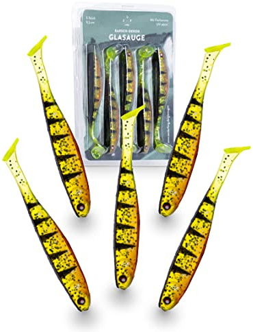 Zanderfang Glasaugen Gummifisch 9,5 cm – Köder für Zander & Barsch | 5 Gummifische • 6 Dekore • Fischaroma • UV-aktiv • für Jigkopf & Offset-Haken