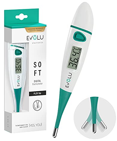 Evolu Wasserdichtes Flexibles Digitales Thermometer Messung in Mund, Rektal oder Achsel mit flexibler Messspitze in 10 Sek - Babys, Kinder, Erwachsene - hohe Präzision - mit Aufbewahrungsbox
