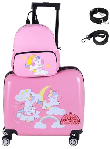 DREAMADE Kinderkoffer zum Draufsitzen, 2 TLG. Kinderkoffer mit Rucksack, Kindergepäck Trolley zum Reisen, Reisetrolley Kinder Trolley Set (Einhorn, 18 Zoll +12 Zoll)