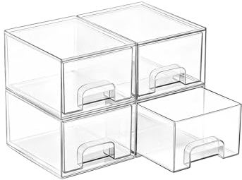 Vtopmart 4er-Set Kleine Stackable Storage Drawers, Acrylic Organiser with 32 Non-slip Mat, Aufbewahrung und Organisation for Dresser, Bathroom, Kosmetik, Küche, Vorratsschrank