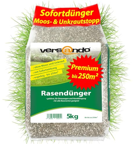 versando 5kg bis 250m² Rasendünger Sommer: verdrängt Moos und Unkraut für gesunden sattgrünen Rasen Frühjahrsdünger mit Sofortwirkung - Premium Qualität