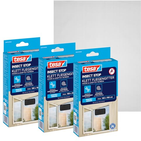 tesa Insect Stop Klett Fliegengitter für Fenster - Insektenschutz mit Klettband, zuschneidbar - Mückenschutz ohne Bohren - 3 x Fliegen Netz - 130 cm x 150 cm - Anthrazit