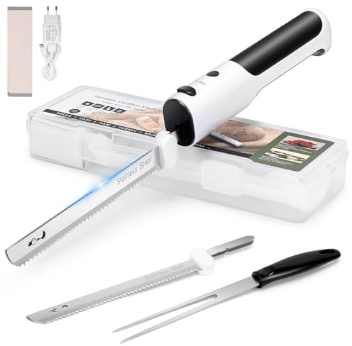 PAHTTO Elektromesser zum Schneiden von Fleisch Brot Gemüse Obst, Kabelloses Brotschneidemesser Dönermesser Küchenmesser mit Edelstahl-Doppelklingen inkl. Box, Gabel und klappbarem Schneidebrett