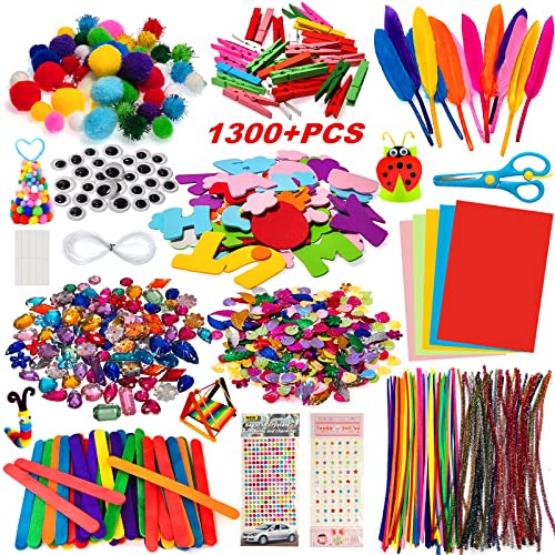 Withosent 1300+pcs Bastelset DIY für Kinder 4-12 Jahre, Bastelkoffer | Bastelzubehör Bastelmaterial Scrapbooking, Pfeifenreiniger, Pompons, Federn, Perlen, Wackelaugen, Pailletten Bastelbedarf