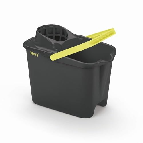 Mery - Eimer mit Abtropfgestell, Robuste 2 mm Wandstärke, Ergonomischer Griff, Stielhalterung, Abflusskanal, Grau und Gelb, 14L