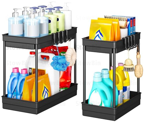 StowBin Küchen Organizer - 2 Pack Unter Waschbecken Regal mit 4 Haken &1 Tassen, Organizer Küche, Badezimmer Organizer