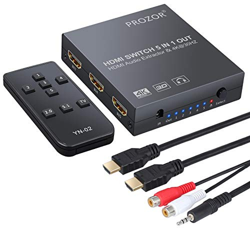 PROZOR HDMI Switch Audio Konverter 4K 3D Umschalter mit Audio Extraktor 5x1 mit IR-Fernbedienung 3 Fuß HDMI 1.4-Kabel