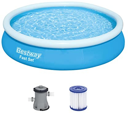 BESTWAY Fast Set Pool Set 366x76 cm, mit Filterpumpe | Der obere Luftring richtet die Beckenwand beim Befüllen auf; die Filterpumpe unterstützt die laufende Wasserumwälzung.