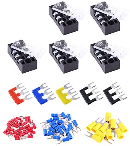 Glarks 70 Stück (5 Sets) Klemmleisten-Set, 5 Stück 3 Positionen, 600 V, 15 A, zweireihige Schraubklemmenleiste + 5 Stück vorisolierte Absperrstreifen + 60 Stück isolierte Gabeldrahtverbinder (3-polig