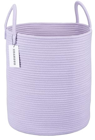 XUANGUO Seil-Wäschekorb für Kleidung, gewebter Aufbewahrungskorb für Wohnzimmer, Schlafzimmer, Boho, hohe Seilkörbe für Decke, Spielzeug, Kissen, Handtücher, Baby, Kinderzimmer, groß, lila oder