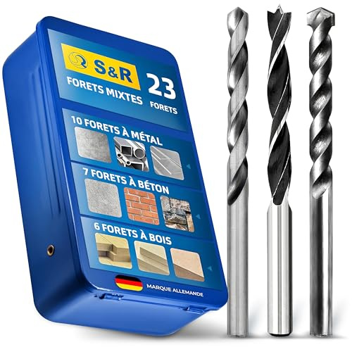 S&R Universal Drill Bohrer-Set 23-tlg. – Bohrbits für Holz, Stein & Metall – Holzspiralbohrer, Zentrierspitze, HSS M2-Stahl Metallbohrer & Betonbohrer, Karbidplatte, Größen 1,5-12mm